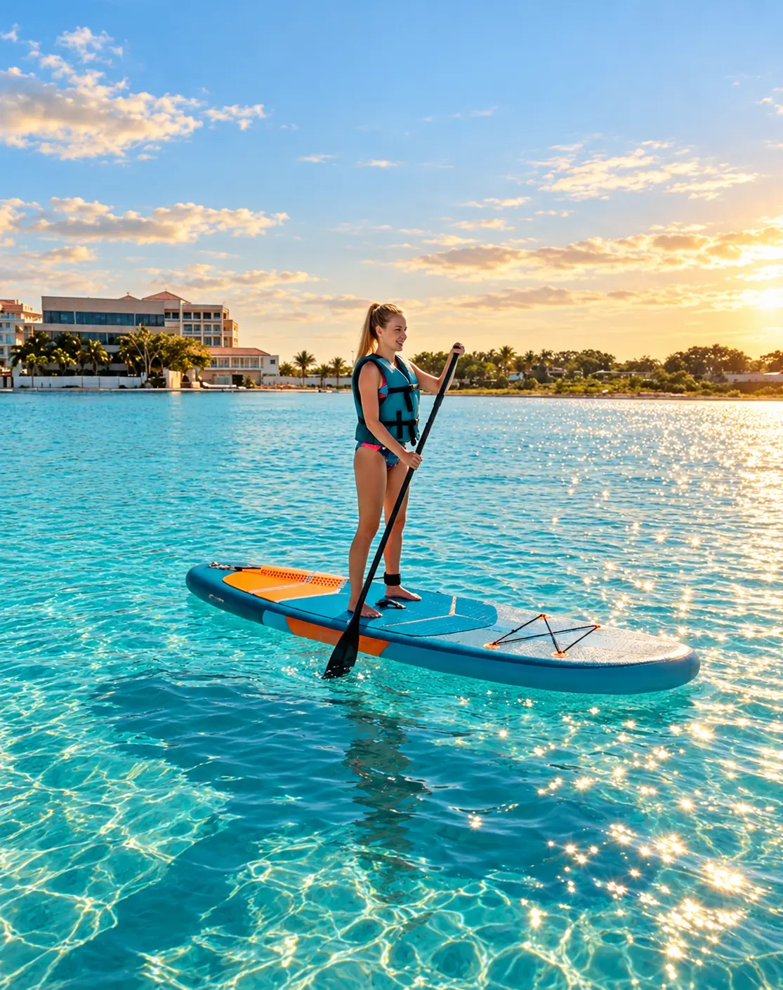 Persona en paddleboard sobre agua turquesa