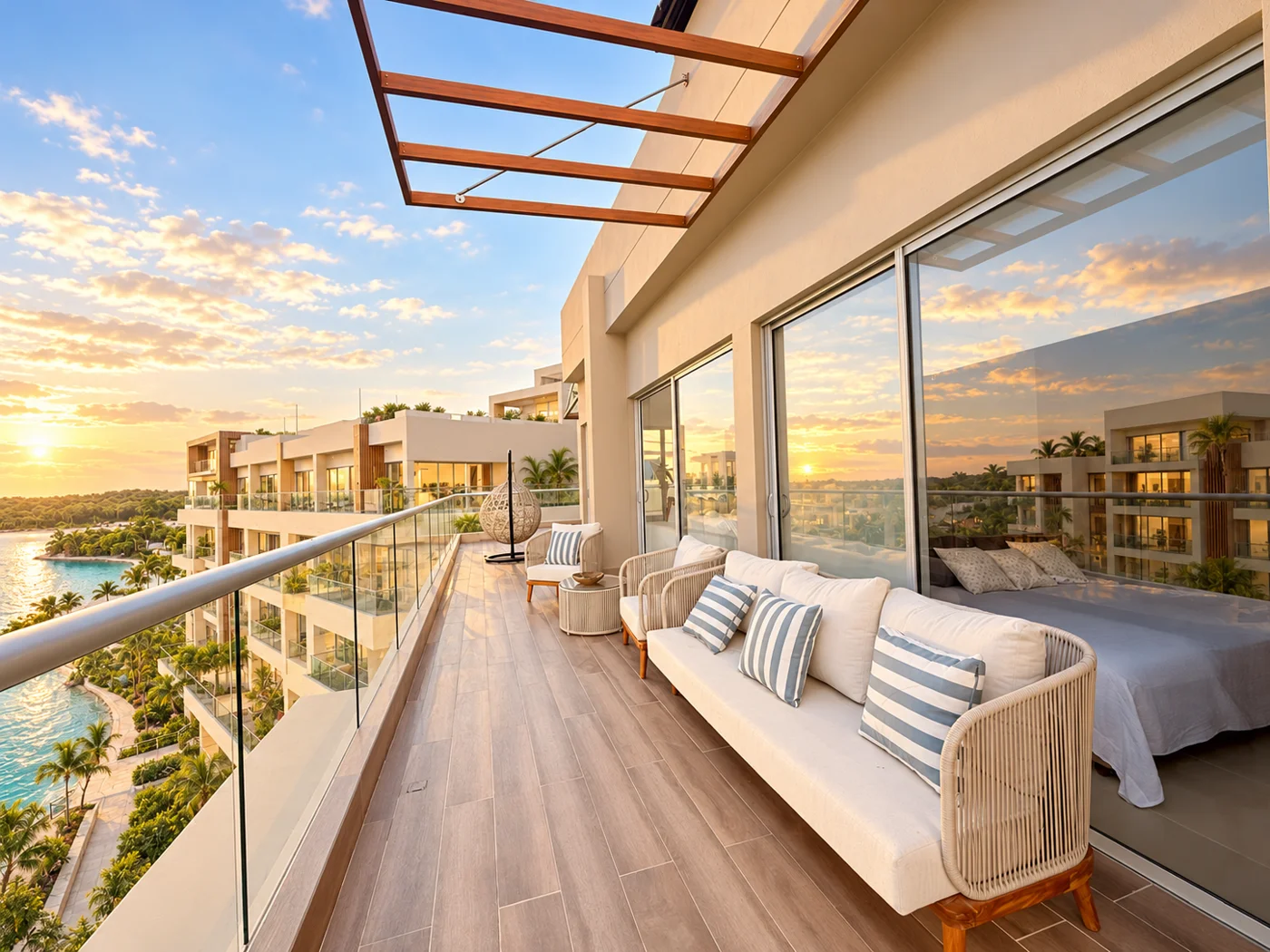 Terraza del apartamento con sofá y vista a la laguna al atardecer